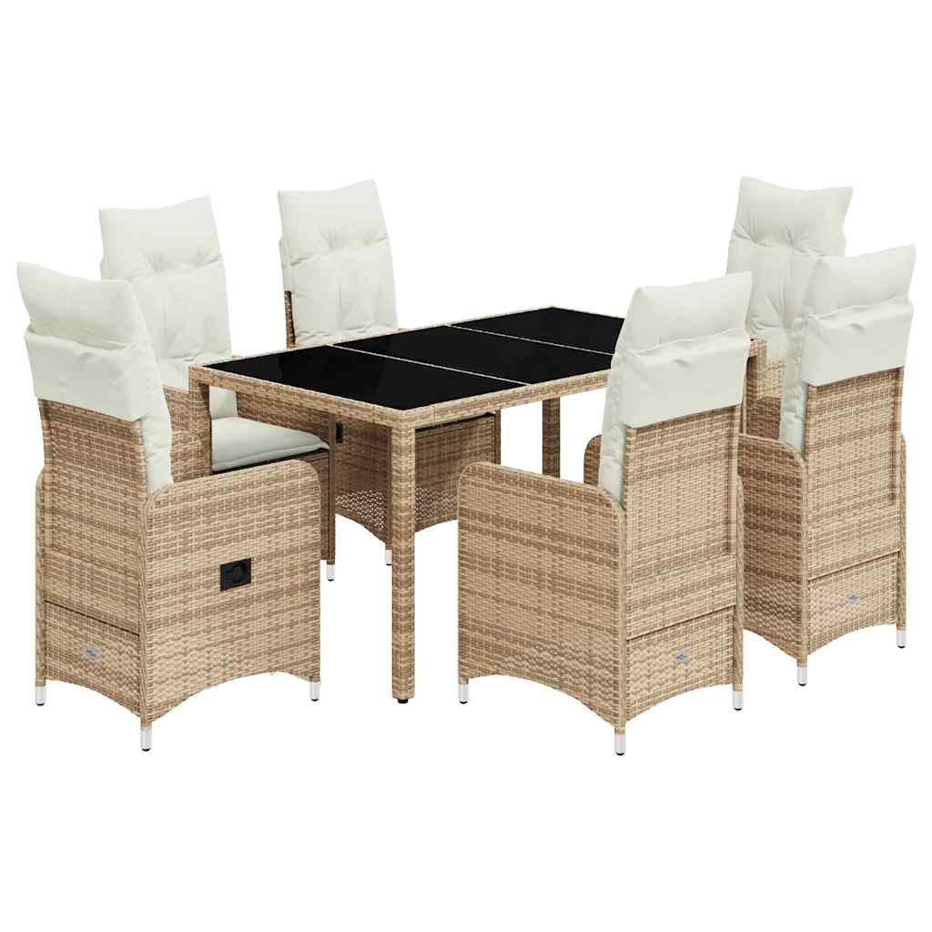 vidaXL Set bistro de grădină, 7 piese, cu perne, bej, poliratan