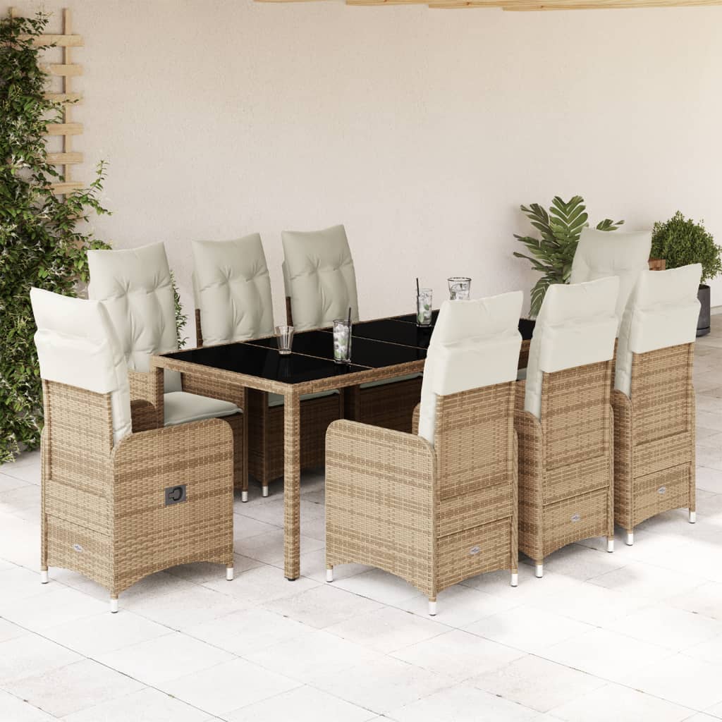 9-tlg. Garten-Bistro-Set mit Kissen Beige Poly Rattan