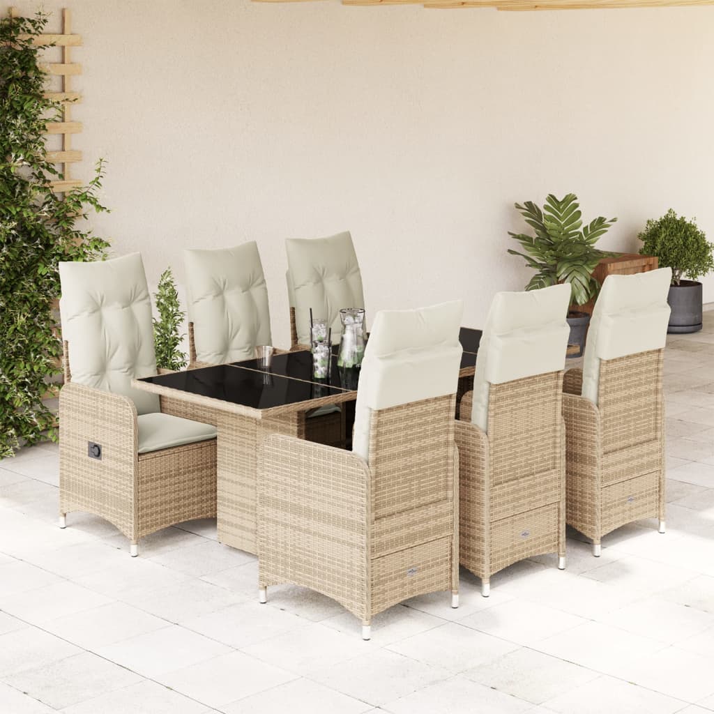 vidaXL 7-tlg. Garten-Bistro-Set mit Kissen Beige Poly Rattan