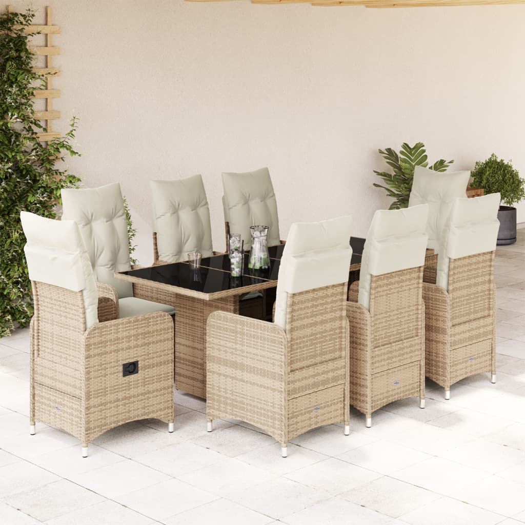 9-tlg. Garten-Bistro-Set mit Kissen Beige Poly Rattan