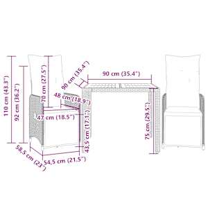 3dílný zahradní bistro set s poduškami černý polyratan - obrázek 7