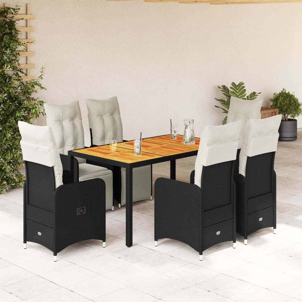 vidaXL Set bistro de grădină, 7 piese, cu perne, negru, poliratan