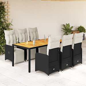 7dílný zahradní bistro set s poduškami černý polyratan - obrázek 1