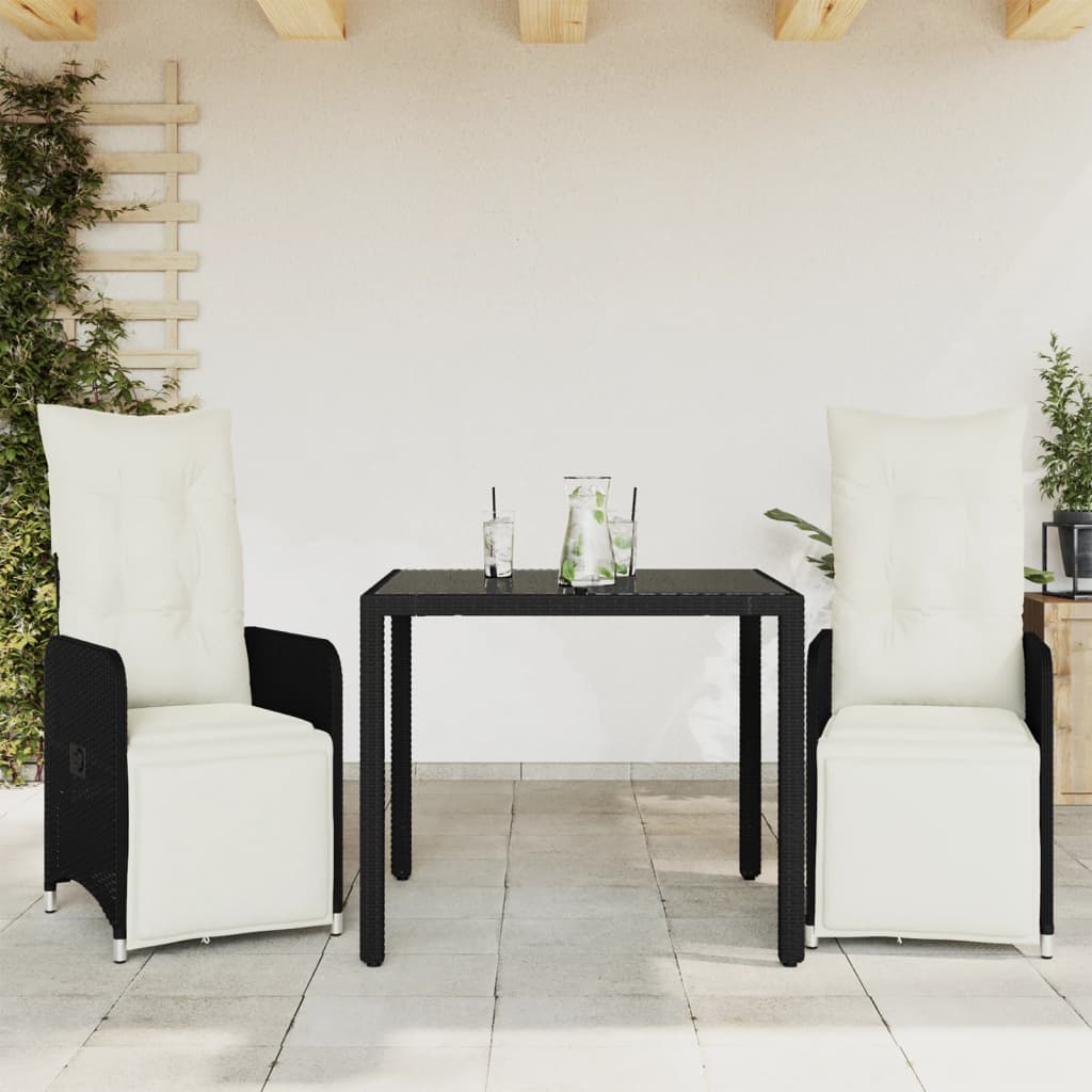 3-tlg. Garten-Bistro-Set mit Kissen Schwarz Poly Rattan