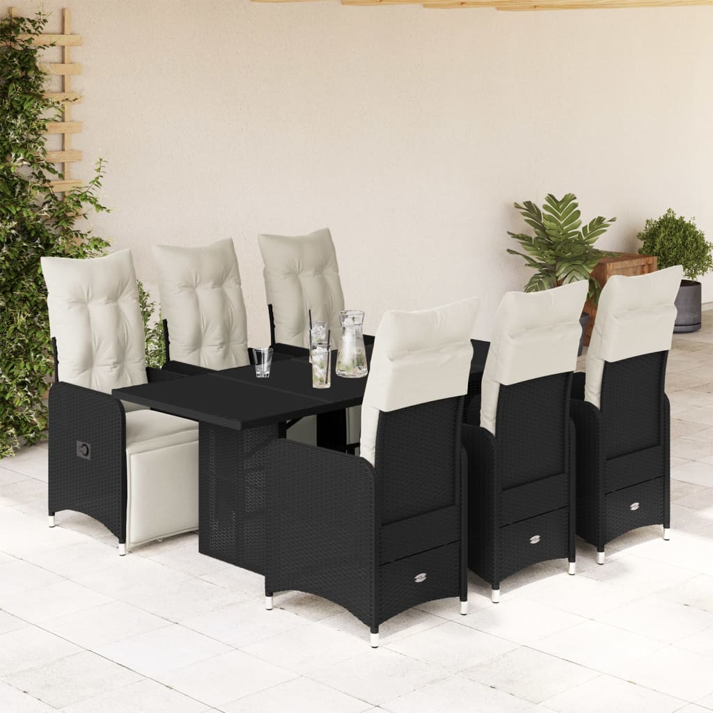 vidaXL 7-tlg. Garten-Bistro-Set mit Kissen Schwarz Poly Rattan