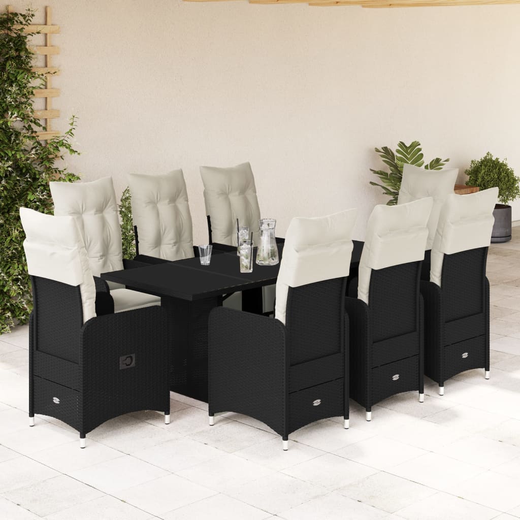 9-tlg. Garten-Bistro-Set mit Kissen Schwarz Poly Rattan