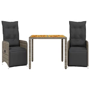 3dílný zahradní bistro set s poduškami šedý polyratan - obrázek 2
