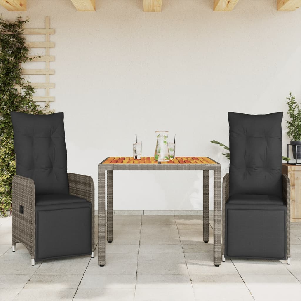 3-tlg. Garten-Bistro-Set mit Kissen Grau Poly Rattan