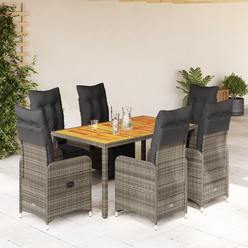 7-tlg. Garten-Bistro-Set mit Kissen Grau Poly Rattan