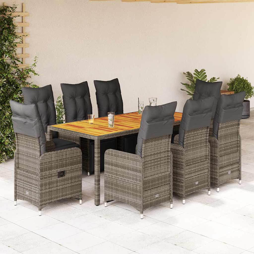 vidaXL Set bistro de grădină cu perne, 9 piese, gri, poliratan