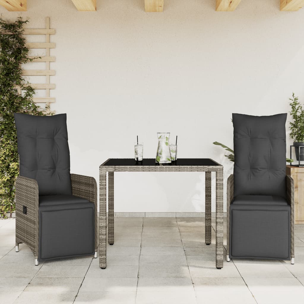 3-tlg. Garten-Bistro-Set mit Kissen Grau Poly Rattan