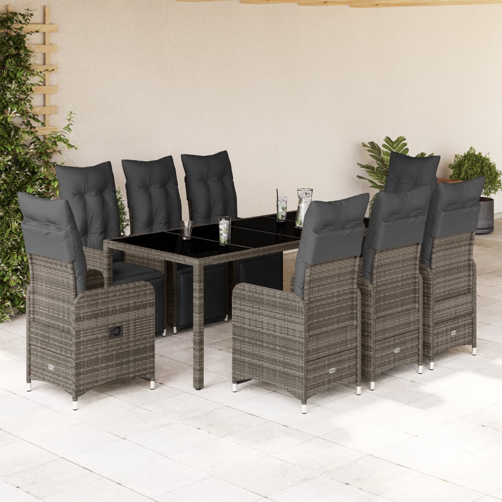 vidaXL 9-tlg. Garten-Bistro-Set mit Kissen Grau Poly Rattan