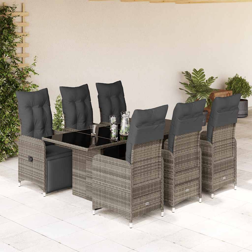 vidaXL 7-tlg. Garten-Bistro-Set mit Kissen Grau Poly Rattan