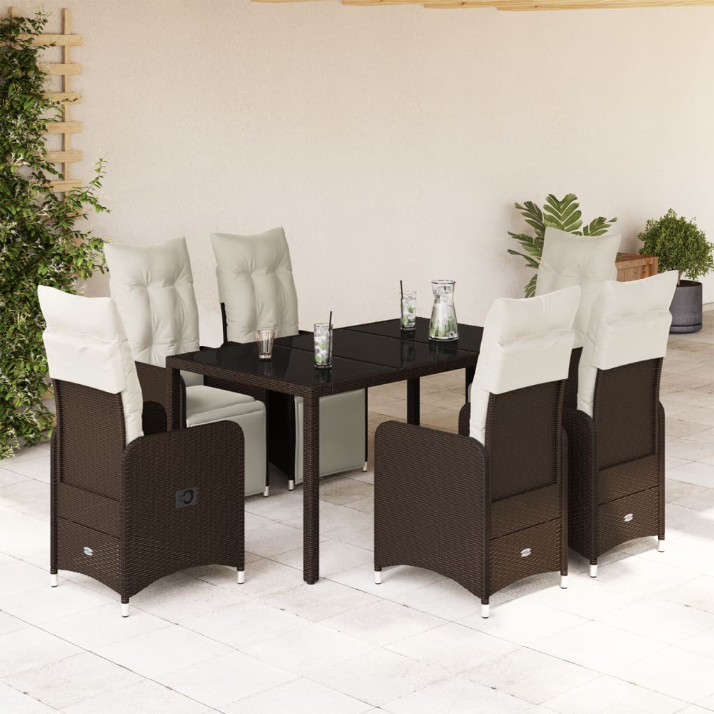 vidaXL 7-tlg. Garten-Bistro-Set mit Kissen Braun Poly Rattan