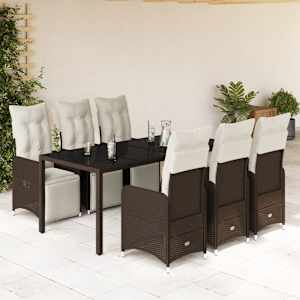 7dílný zahradní bistro set s poduškami hnědý polyratan - obrázek 1