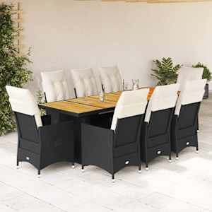 9dílný zahradní bistro set s poduškami černý polyratan