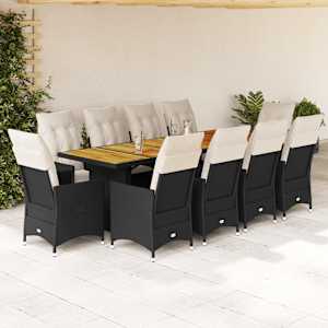 11dílný zahradní bistro set s poduškami černý polyratan - obrázek 1