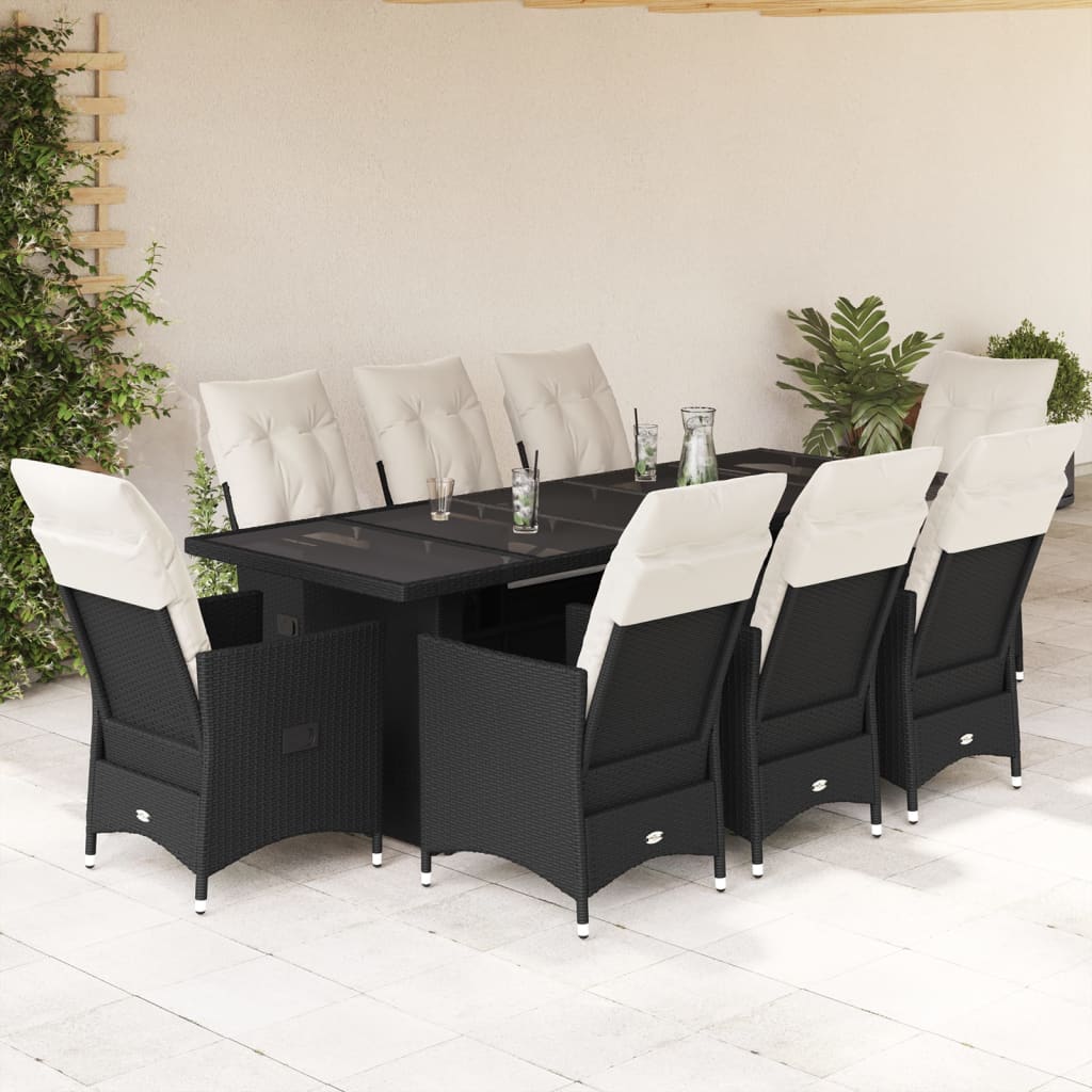 vidaXL 9-tlg. Garten-Bistro-Set mit Kissen Schwarz Poly Rattan