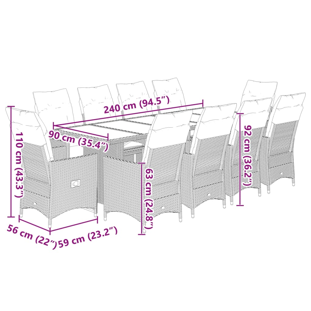 imagem de vidaXL 9 pcs conjunto bistrô de jardim c/ almofadões vime PE castanho8