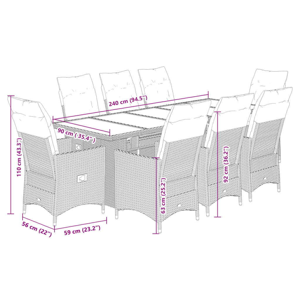 imagem de vidaXL 9 pcs conjunto de bistrô para jardim c/ almofadões vime PE bege8