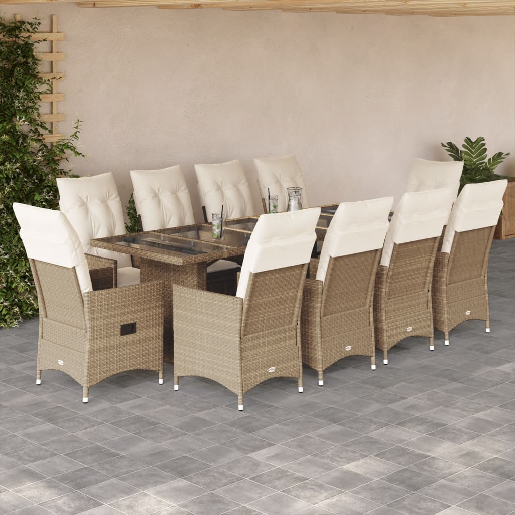 vidaXL Set bistro de grădină, 11 piese, cu perne, bej, poliratan