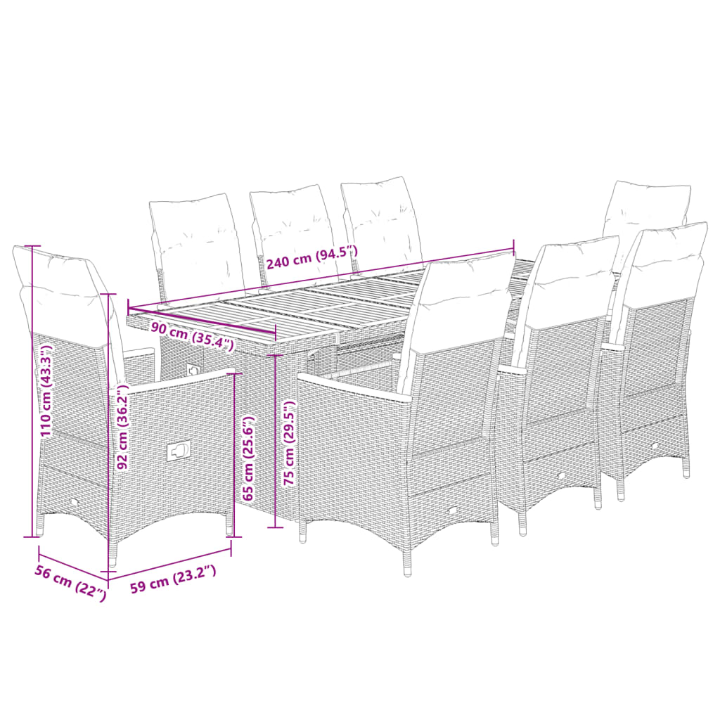 imagem de vidaXL 9 pcs conjunto de bistrô p/ jardim c/ almofadões vime PE preto8