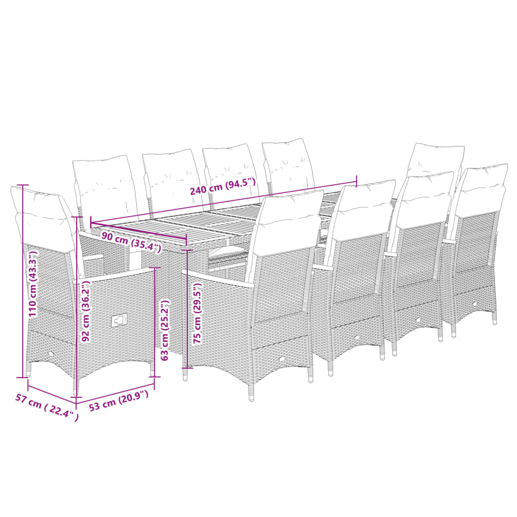 imagem de vidaXL 11 pcs conjunto de bistrô p/ jardim c/ almofadões vime PE preto8