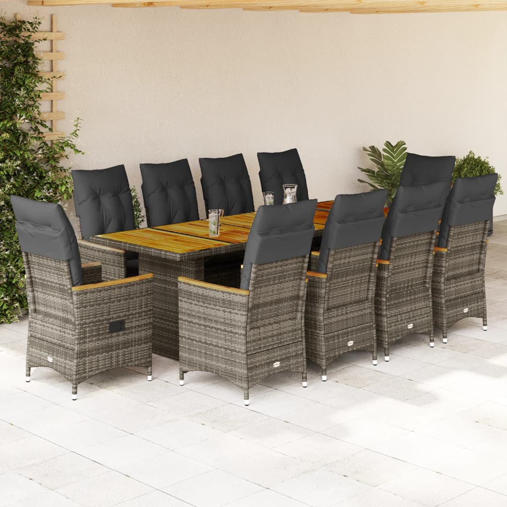 vidaXL Set bistro de grădină cu perne, 11 piese, gri, poliratan