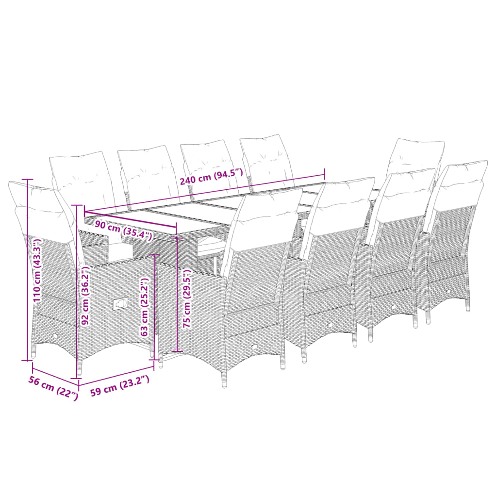 imagem de vidaXL 11 pcs conjunto de bistrô p/ jardim c/ almofadões vime PE preto8