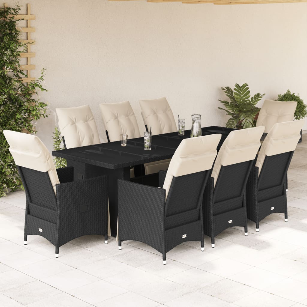 vidaXL 9-tlg. Garten-Bistro-Set mit Kissen Schwarz Poly Rattan