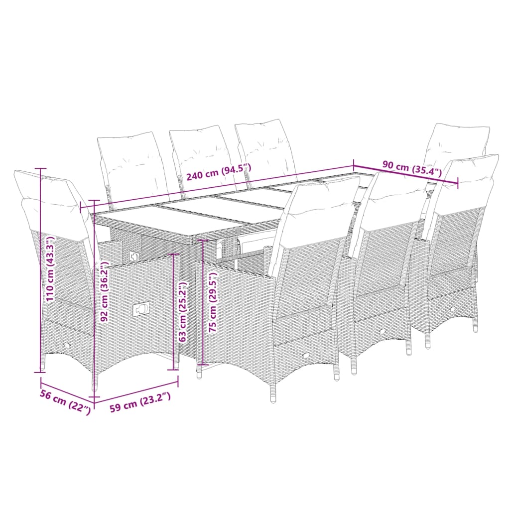 imagem de vidaXL 9 pcs conjunto bistrô de jardim c/ almofadões vime PE cinzento11