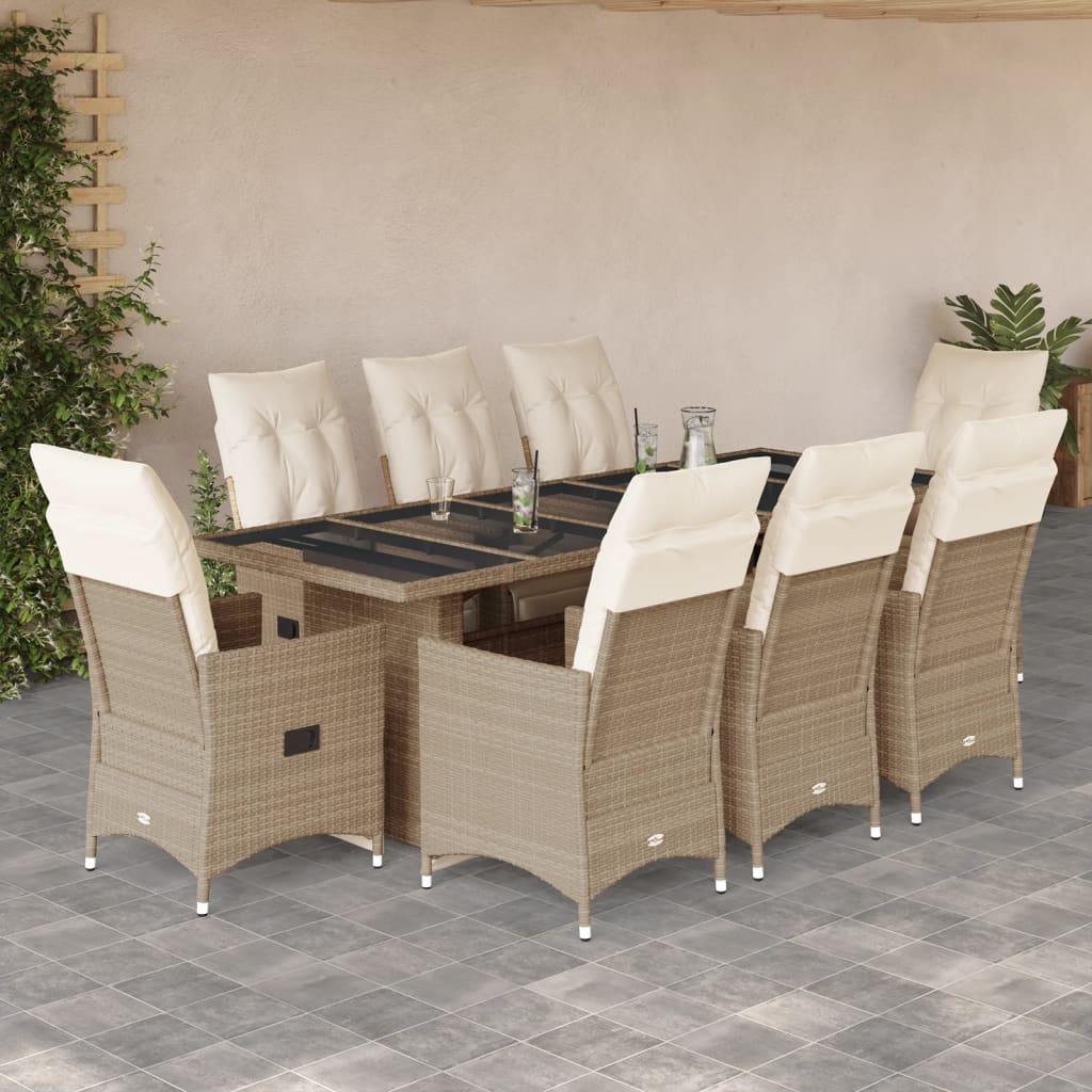 9-tlg. Garten-Bistro-Set mit Kissen Beige Poly Rattan