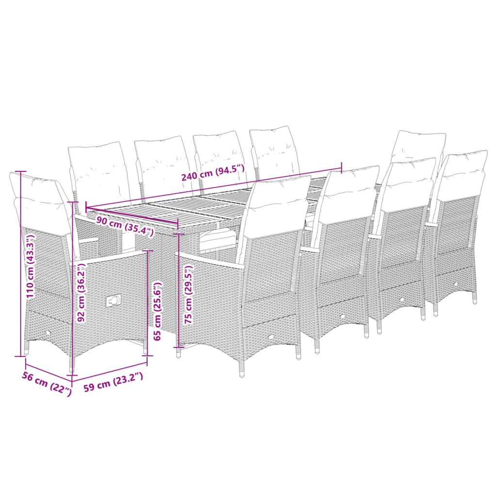 imagem de vidaXL 11 pcs conjunto de bistrô p/ jardim c/ almofadões vime PE preto8