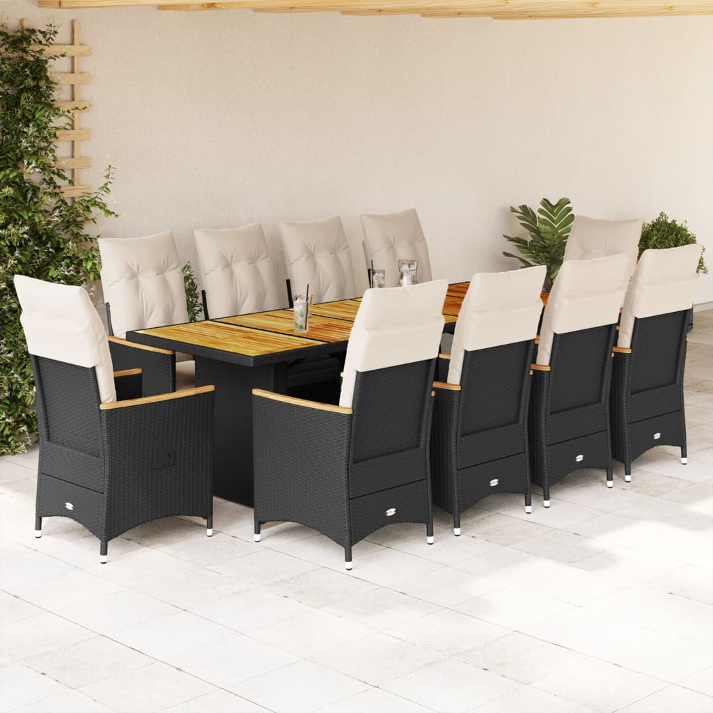 vidaXL 11-tlg. Garten-Bistro-Set mit Kissen Schwarz Poly Rattan