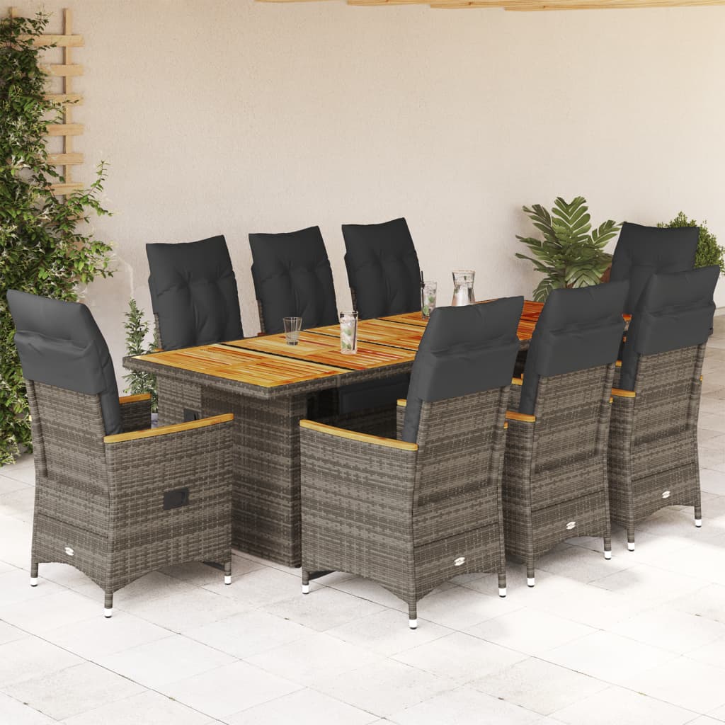 vidaXL 9-tlg. Garten-Bistro-Set mit Kissen Grau Poly Rattan