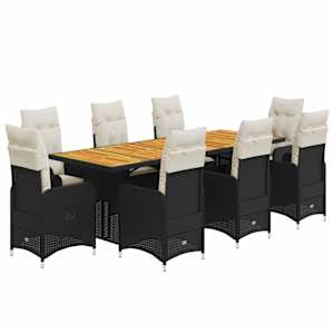 9dílný zahradní bistro set s poduškami černý polyratan - obrázek 2