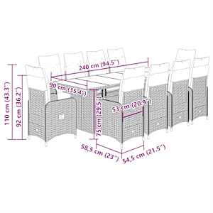 11dílný zahradní bistro set s poduškami černý polyratan - obrázek 9