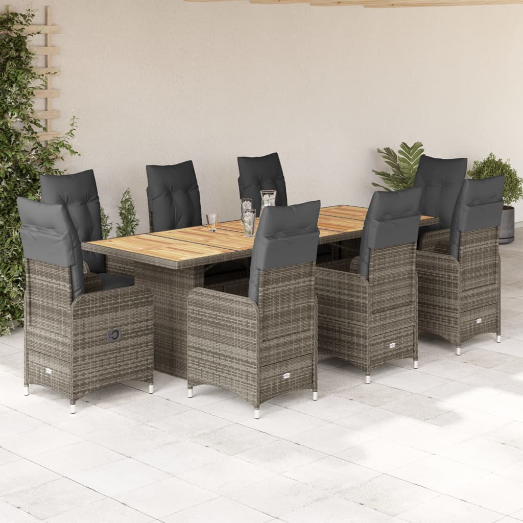 9-tlg. Garten-Bistro-Set mit Kissen Grau Poly Rattan