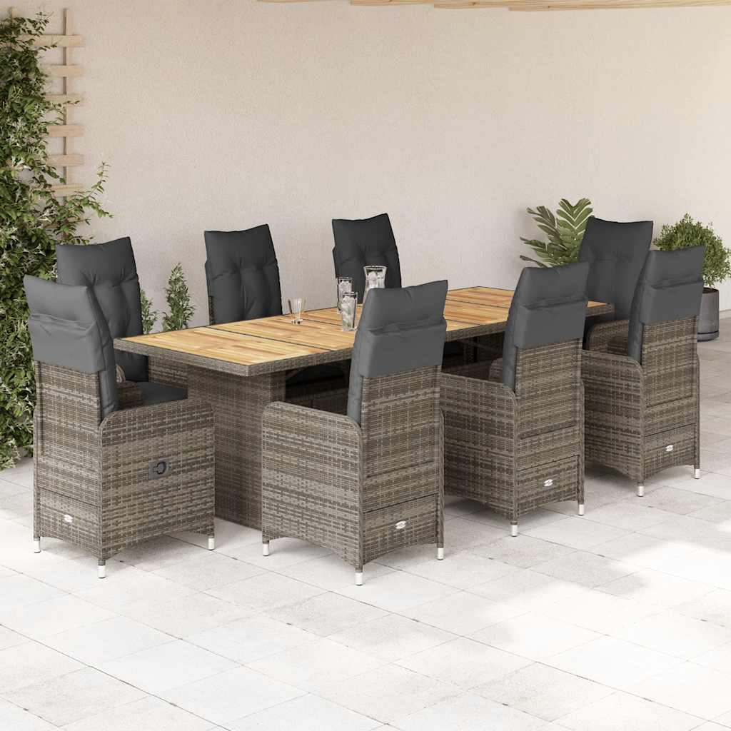 vidaXL 9-tlg. Garten-Bistro-Set mit Kissen Grau Poly Rattan