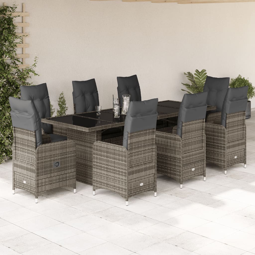 9-tlg. Garten-Bistro-Set mit Kissen Grau Poly Rattan