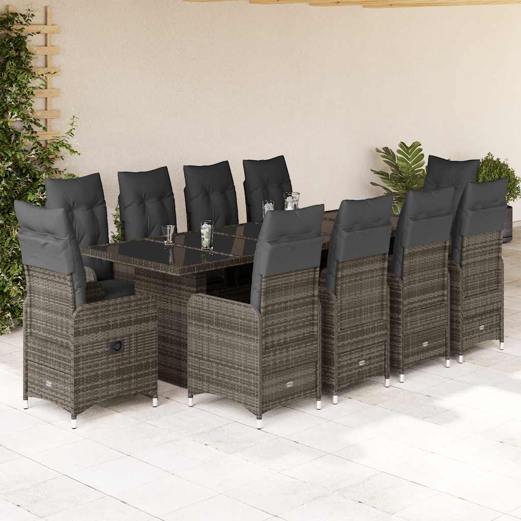 vidaXL 11-tlg. Garten-Bistro-Set mit Kissen Grau Poly Rattan