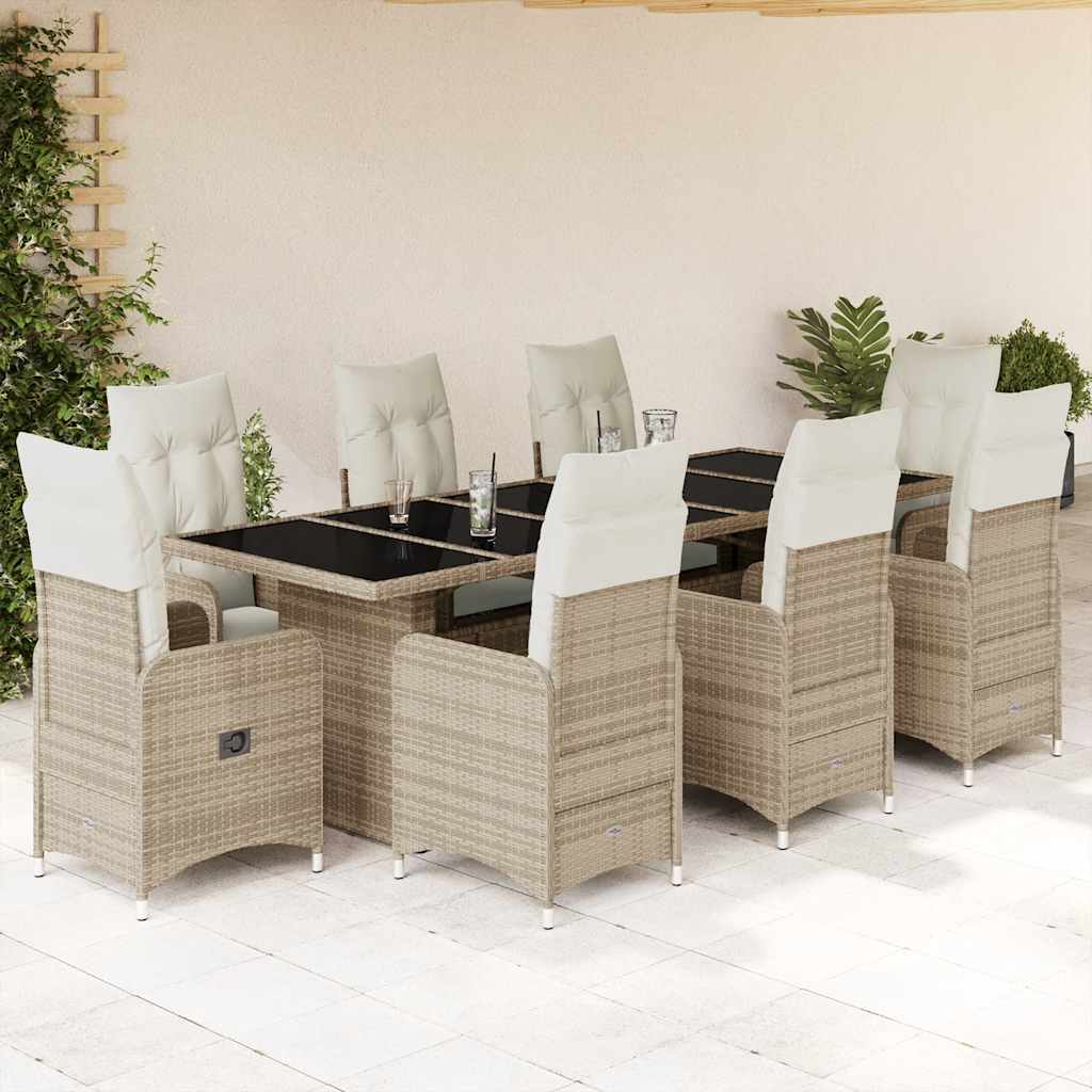 vidaXL 9-tlg. Garten-Bistro-Set mit Kissen Beige Poly Rattan