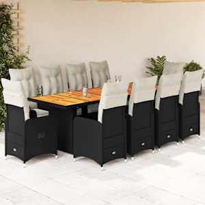 11dílný zahradní bistro set s poduškami černý polyratan - obrázek 1