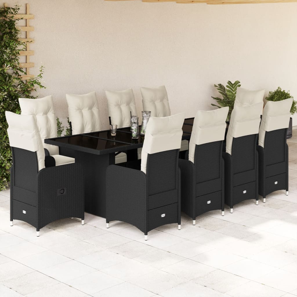 vidaXL 11-tlg. Garten-Bistro-Set mit Kissen Schwarz Poly Rattan