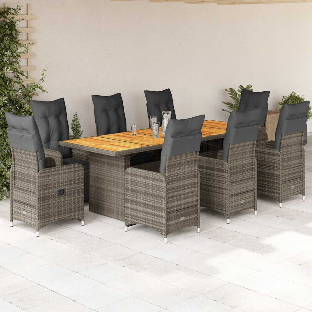 vidaXL 9-tlg. Garten-Bistro-Set mit Kissen Grau Poly Rattan