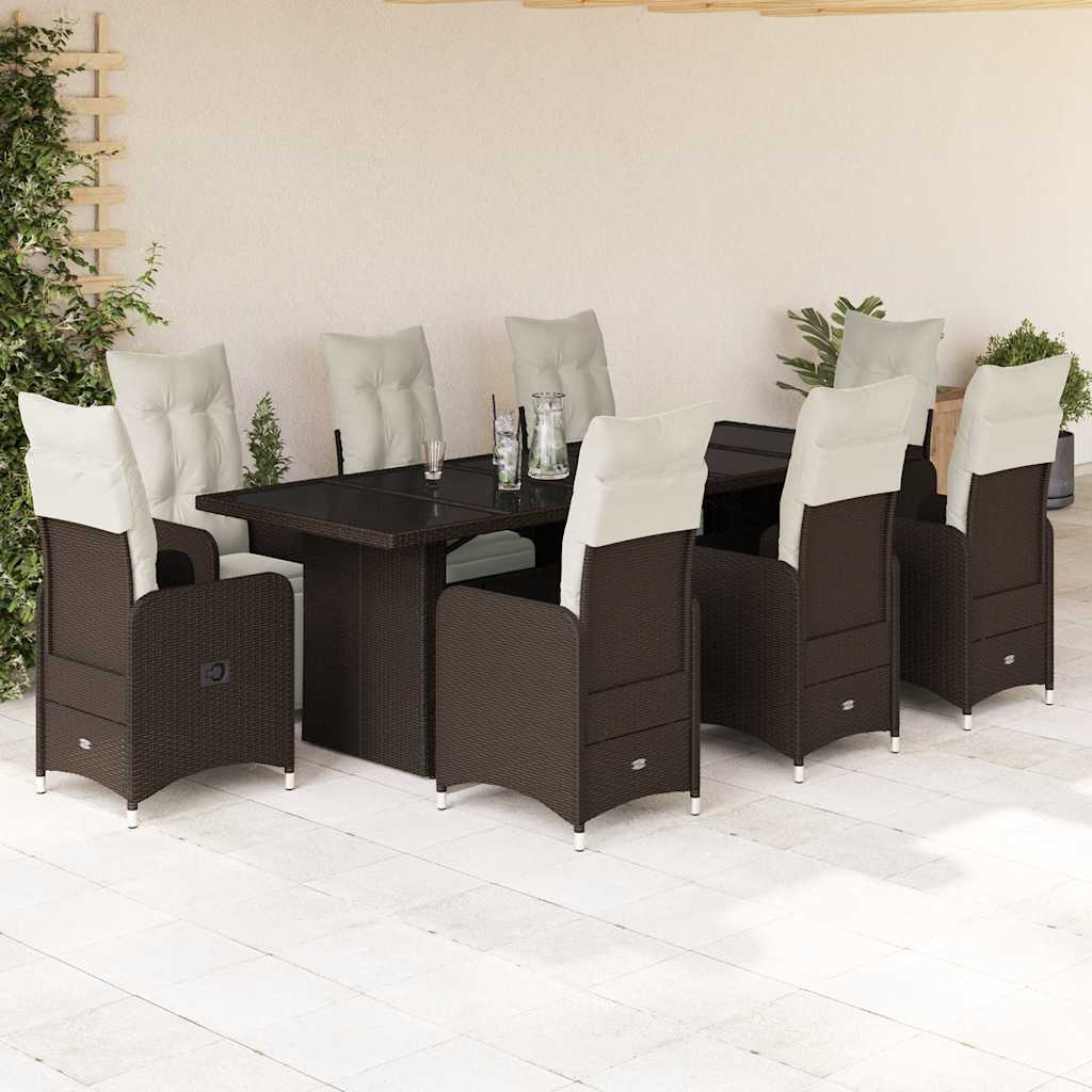 vidaXL 9-tlg. Garten-Bistro-Set mit Kissen Braun Poly Rattan