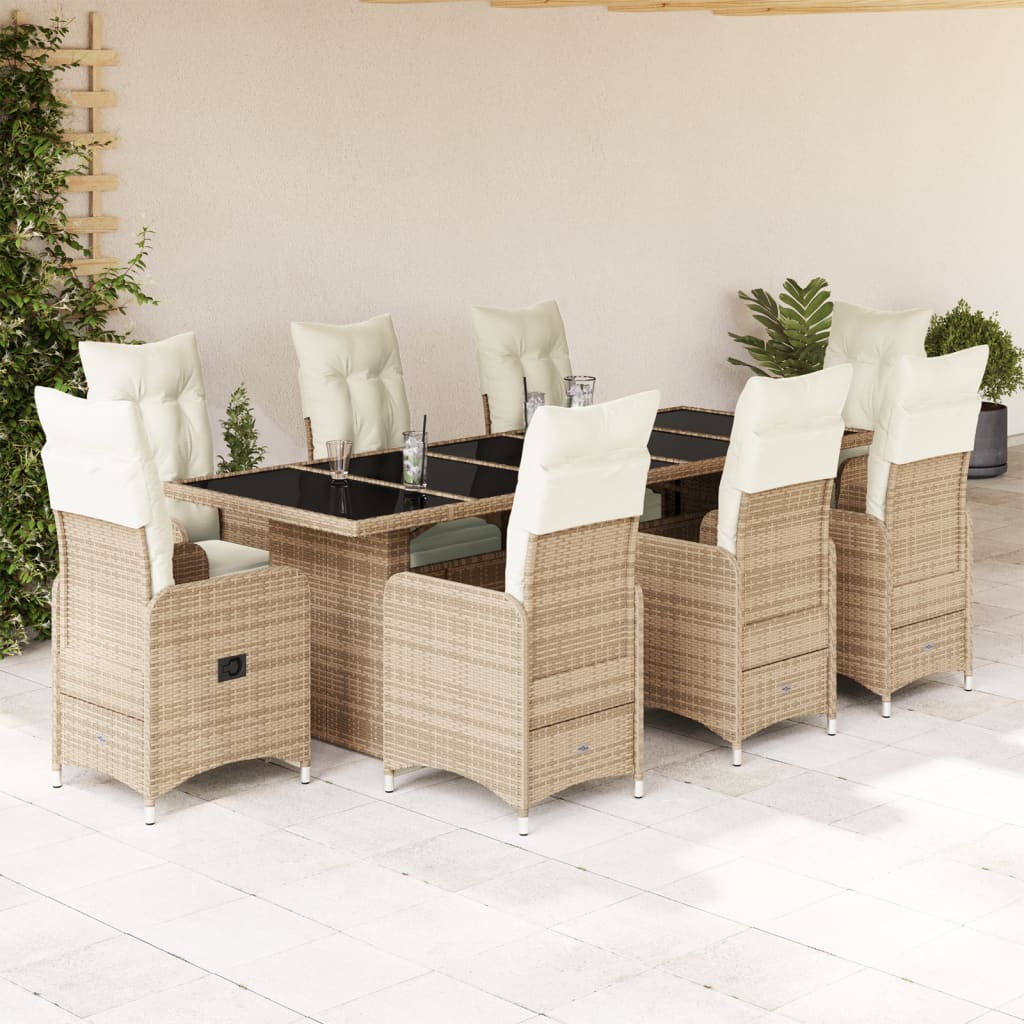 9-tlg. Garten-Bistro-Set mit Kissen Beige Poly Rattan