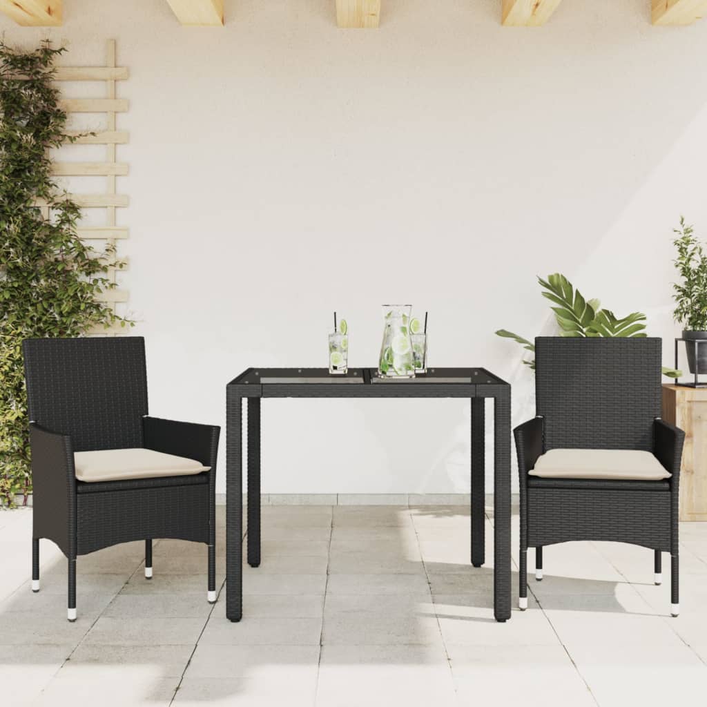 vidaXL 3-tlg. Garten-Essgruppe mit Kissen Schwarz Poly Rattan Glas