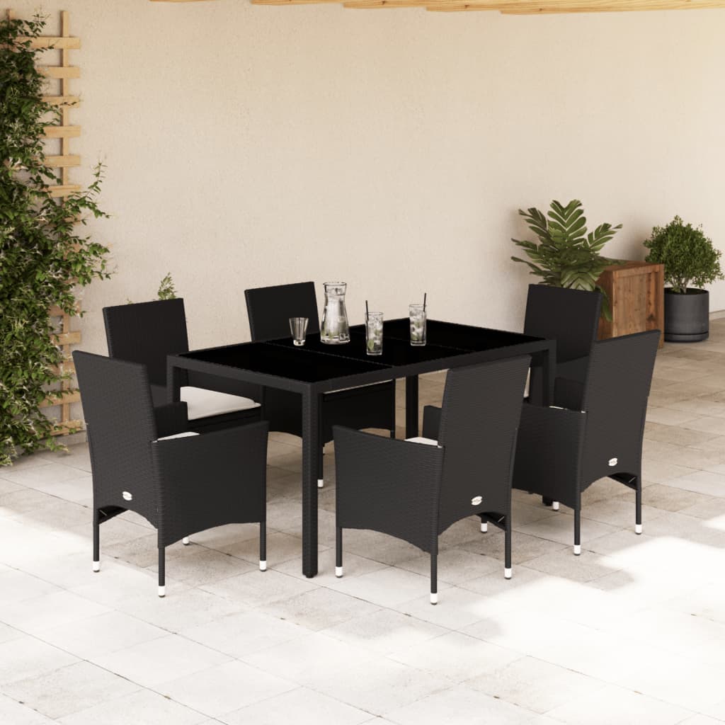 vidaXL 7-tlg. Garten-Essgruppe mit Kissen Schwarz Poly Rattan Glas