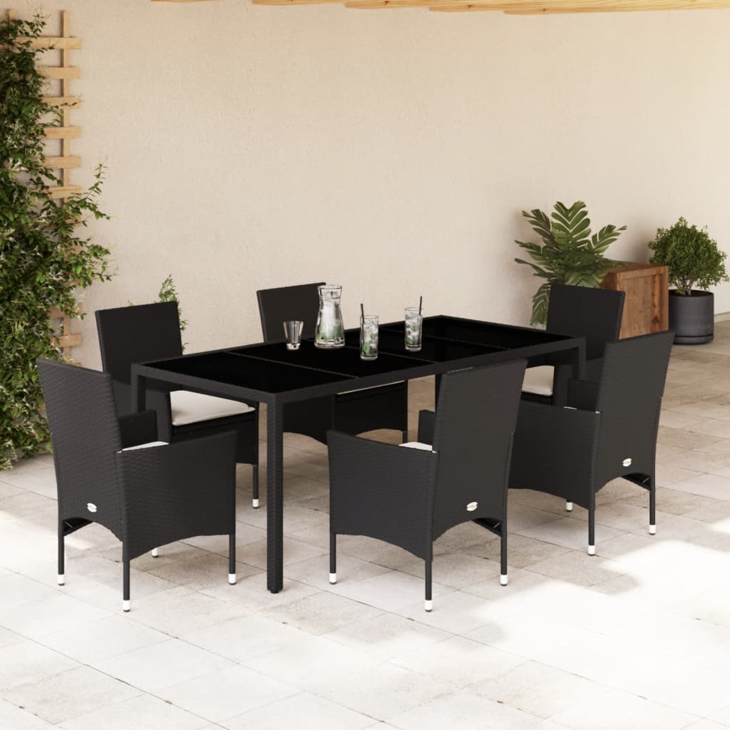 vidaXL 7-tlg. Garten-Essgruppe mit Kissen Schwarz Poly Rattan Glas